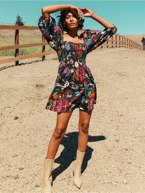 Cleobella Black Floral Puff-Sleeve Smocked Mini Dress  100% Cotton Size Small